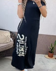 Delara - Letter Print Jurk met Ronde Hals