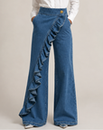 Izzavelle - Dames brede denim broek met asymmetrische volant in elegante culotte-stijl