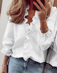 Nythera - Vrouwelijke Blouse met Volants V-Hals Lanternmouwen Elegant