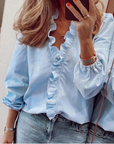 Nythera - Vrouwelijke Blouse met Volants V-Hals Lanternmouwen Elegant