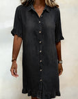 Glytha - Dames Denim Jurk Met Knopen Volant Mouwen Rechte Casual Snit