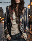 Avenorix - Gestreepte boheemse damesblazer met vintage bloemenprint