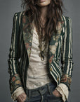 Avenorix - Gestreepte boheemse damesblazer met vintage bloemenprint