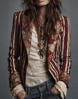 Avenorix - Gestreepte boheemse damesblazer met vintage bloemenprint