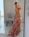 Helena - Maxi Jurk Vrouw Fluide Met V-Hals Fijne Bandjes Elegante Bloemmotieven