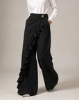 Izzavelle - Dames brede denim broek met asymmetrische volant in elegante culotte-stijl