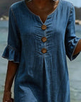Fynorae - Dames jurk van denim met volantmouwen vloeiende snit zomer strand