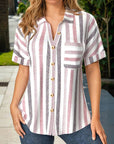 Ophalynne - Vrouwen gestreepte blouse met korte mouwen en knopen