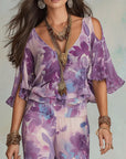 Brynora - Vrouwen tweedelige set bloemen top met V-hals en flared broek met volants
