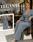 Jorethia - Dames jumpsuit met wijde pijpen V-hals ceintuur en pofmouwen