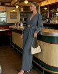 Jorethia - Dames jumpsuit met wijde pijpen V-hals ceintuur en pofmouwen