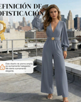 Jorethia - Dames jumpsuit met wijde pijpen V-hals ceintuur en pofmouwen