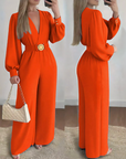 Jorethia - Dames jumpsuit met wijde pijpen V-hals ceintuur en pofmouwen