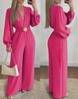 Jorethia - Dames jumpsuit met wijde pijpen V-hals ceintuur en pofmouwen