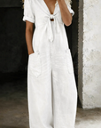 Lioritha - Dames jumpsuit van soepel denim met V-hals en wijde pijpen