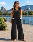 Priscena - Dames jumpsuit met V-hals, knopen en wijde benen