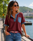 Tivellea - Dames top van katoen met V-hals en denim details