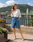 Hesperia - Korte damesbroek met denim effect en asymmetrische portefeuille snit