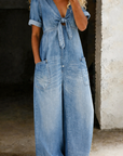 Lioritha - Dames jumpsuit van soepel denim met V-hals en wijde pijpen
