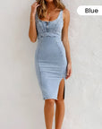 Estelle - Bodycon Denim Jurk met U-Vormige Hals en Split met Verstelbare Bandjes