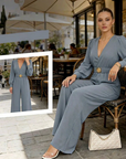 Jorethia - Dames jumpsuit met wijde pijpen V-hals ceintuur en pofmouwen