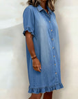 Glytha - Dames Denim Jurk Met Knopen Volant Mouwen Rechte Casual Snit