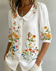 Mavessia - Damesblouse van katoen en linnen met artistieke vintage bloemenprint