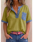 Tivellea - Dames top van katoen met V-hals en denim details