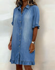 Glytha - Dames Denim Jurk Met Knopen Volant Mouwen Rechte Casual Snit