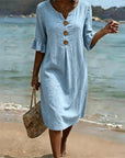 Fynorae - Dames jurk van denim met volantmouwen vloeiende snit zomer strand