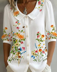 Mavessia - Damesblouse van katoen en linnen met artistieke vintage bloemenprint