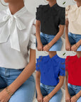 Cirelle - Effen kanten zomerblouse met strik en korte mouwen