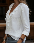 Myrella - Vintage Blouse met Volants en Bloemenborduursels
