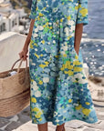 Averixa - Vrouwen midi-jurk met abstracte bloemenprint van katoen en linnen voor de zomer