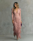 Brigitte - Elegante Midi Jurk voor Vrouwen met Franjes en V-Hals Lange Mouwen