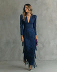 Brigitte - Elegante Midi Jurk voor Vrouwen met Franjes en V-Hals Lange Mouwen
