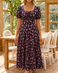 Cirella - Midi jurk voor dames in zwart met roze bloemenprint