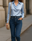 Laureline - Glimmende Blouse met Geplooide Kraag - Chic & Tijdloos
