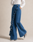 Izzavelle - Dames brede denim broek met asymmetrische volant in elegante culotte-stijl