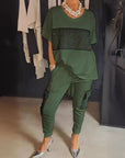 Caroline - Twee-Delige Korte Mouw Patchwork T-shirt & Broek Set