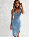 Estelle - Bodycon Denim Jurk met U-Vormige Hals en Split met Verstelbare Bandjes