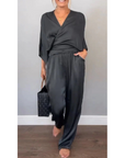 Aurea - Elegante 2-delige damesset, top met v-hals en gemerceriseerde katoenen broek