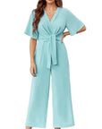 Sylenna - Dames jumpsuit met V-hals en brede benen met riem