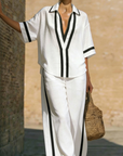 Cirevyn - Dames set van twee delen linnen V-hals blouse en brede broek met strepen