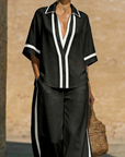 Cirevyn - Dames set van twee delen linnen V-hals blouse en brede broek met strepen