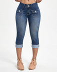 Hovelle - Dames Capri Broek Denim Stretch Aansluitende Pasvorm Midden Hoge Taille