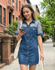 Galena - Korte denim blousejurk voor dames met transparante kant