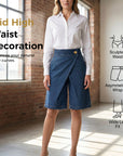 Hesperia - Korte damesbroek met denim effect en asymmetrische portefeuille snit