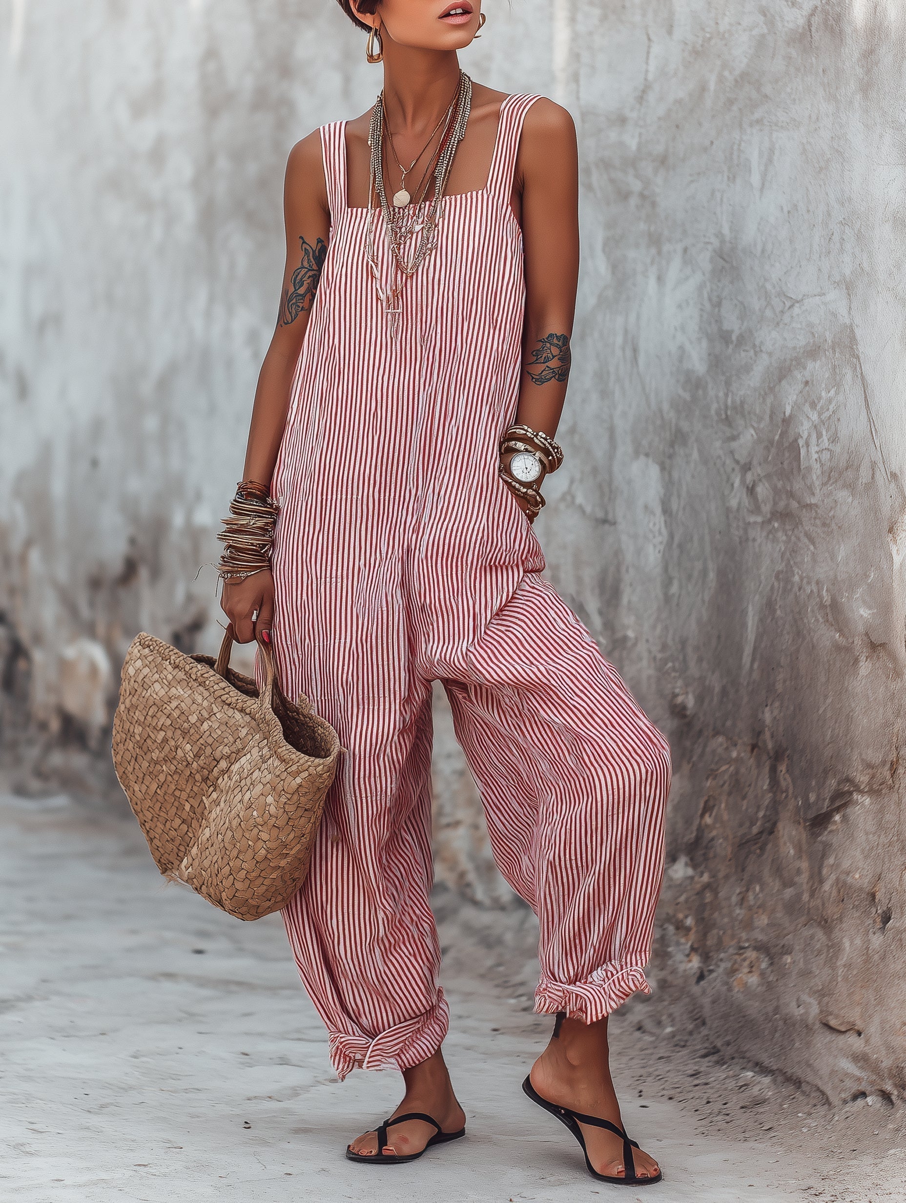 Pheralyn - Losse dames jumpsuit met minimalistische strepen en vierkante hals