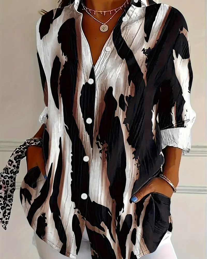 Telyra - Blouse Met Hoge Kraag Irregulier Print